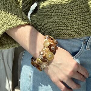 Artsy Boho Button Bracelet Stretch Elastic Band Multi Color Gold Bronze Tones